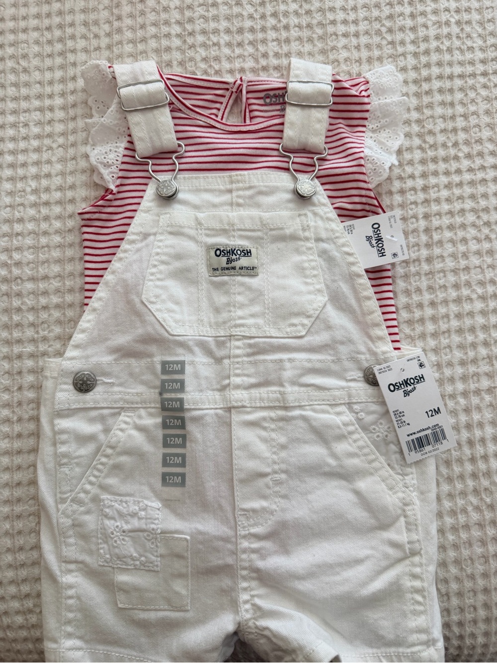 OshKosh B'gosh White Denim Overalls with Pink Striped Tee